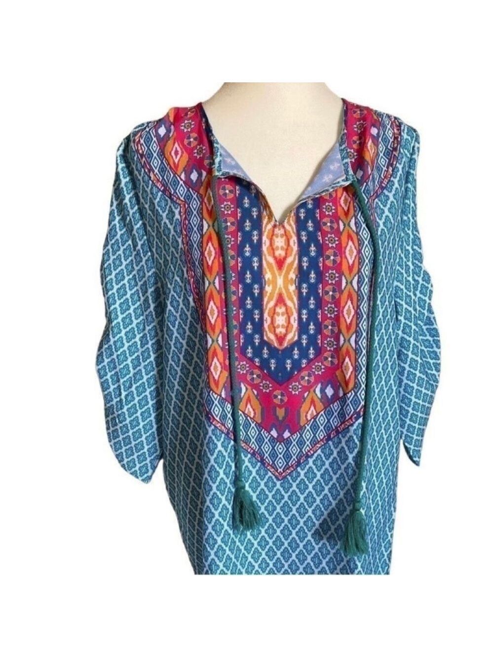 Urban Coco Blue Multicolor Ruche Sleeve Swim Coverup Dress with Tassels Medium - Picture 8 of 14
